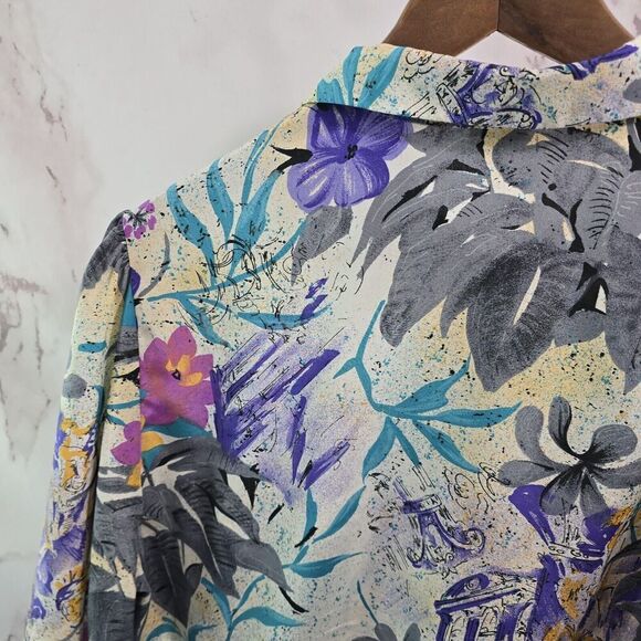Vintage Blouse Womens Large 80s 90s Purple Blue Floral Long Sleeve Button Artsy - Picture 6 of 11